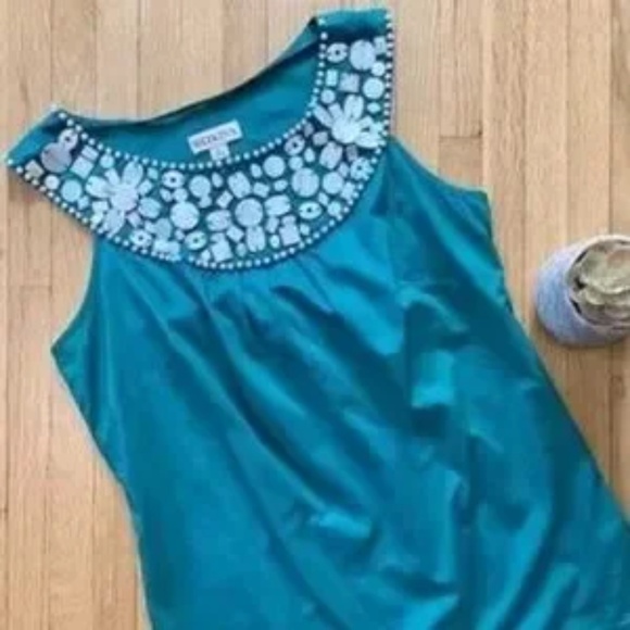Merona Kelly Embellished Beaded Neckline Sleeveless Teal Green Tank Top Size S - Picture 3 of 11
